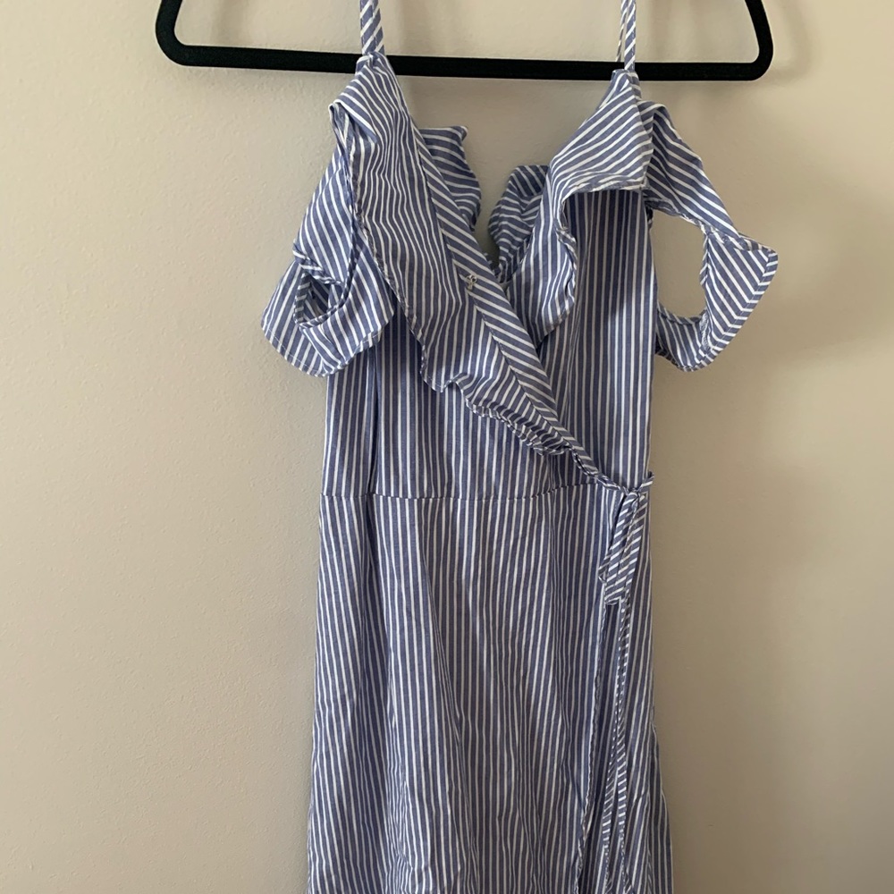 Blue & White Striped Off The Shoulder Midi Dress